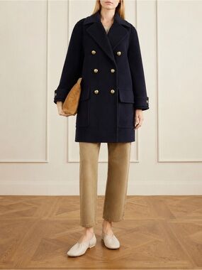 Jaeger Double Breasted Pure New Wool Gold Button Pea Coat Navy Oversized Sz 10